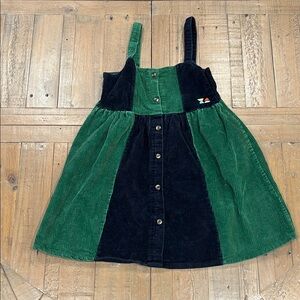 Bobo Choses funny friends button front corduroy jumper dress 8-9 year green blue